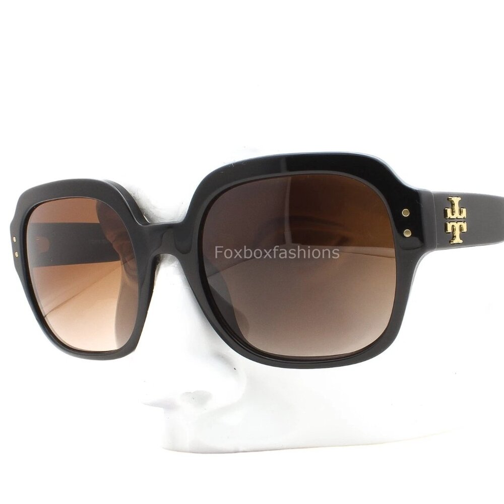Tory Burch TY7143U Sunglasses Black Gold Logo Brown Gradient Lens w/ Case New